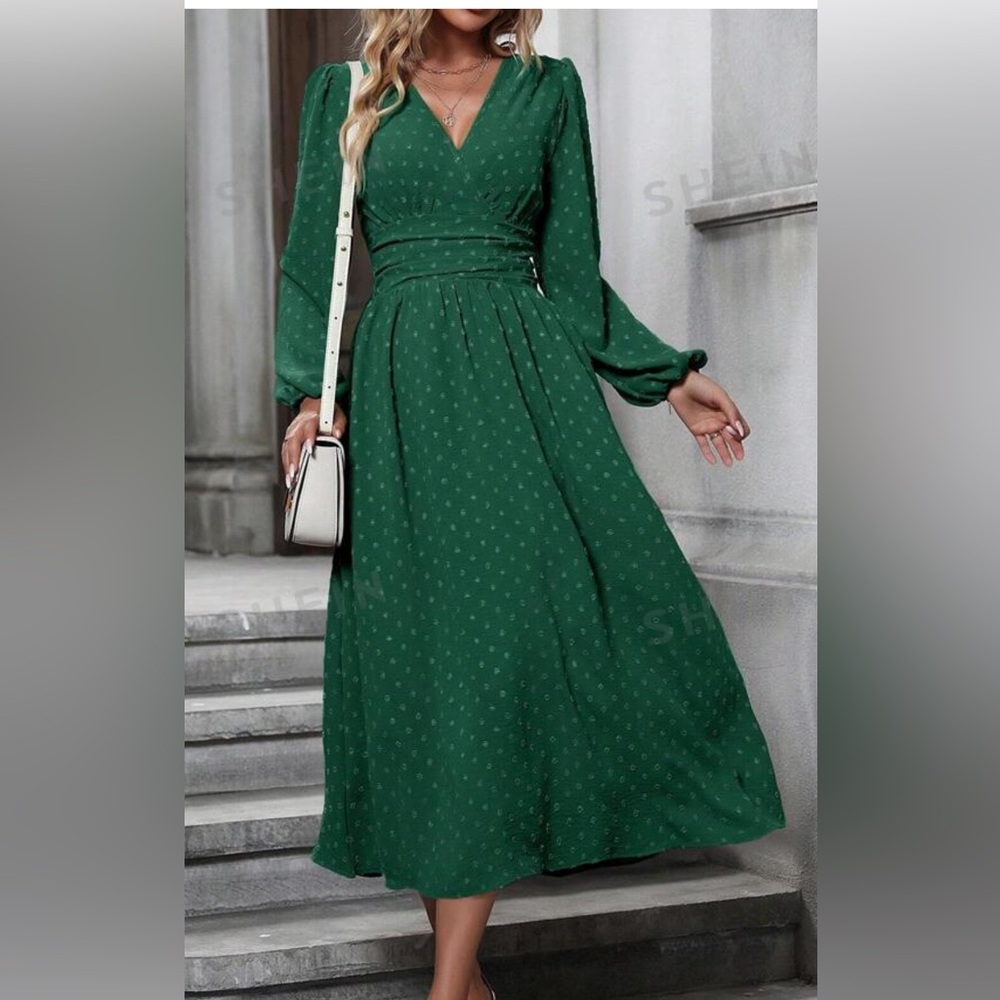 - SHEIN Clasi Swiss Dot Surplice Neck Lantern Sleeve Dress